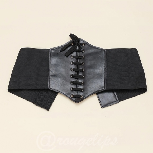 Black Corset Lace Up Wide Belt Leather Elastic - Picture 3 of 10